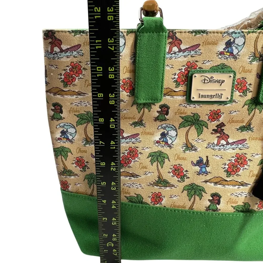 LOUNGEFLY Disney Lilo Stitch Canvas Tote Bag Aloha Map Bamboo Handle Green NWT